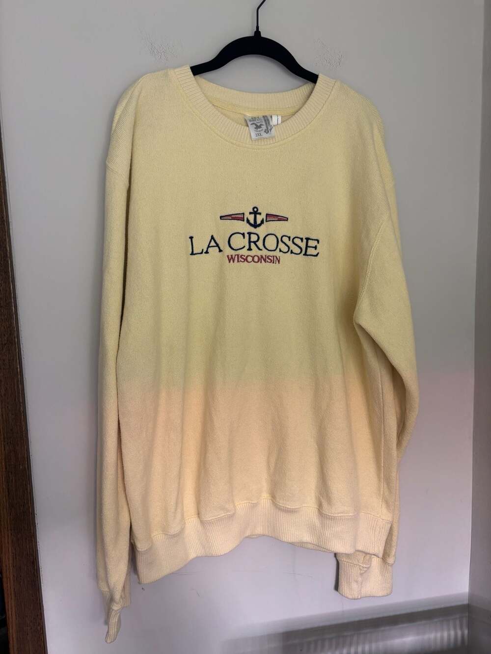 La Crosse Wisconsin Embroider Preppy Oversized Yellow Crewneck Sweater Size 2XL